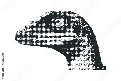 Dinosaur raptor head in halftone dot texture. Vector hand drawn illustration
