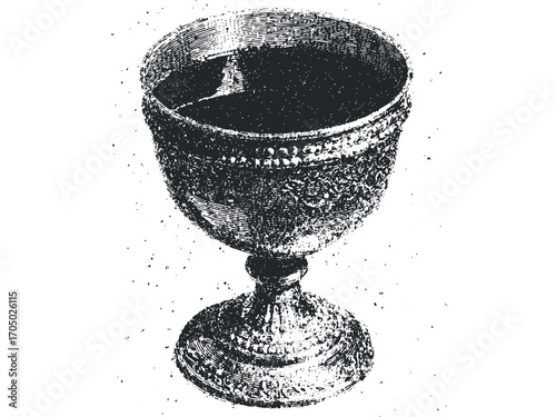 Ornate antique chalice with rich texture on transparent background. Vector hand drawn illustration