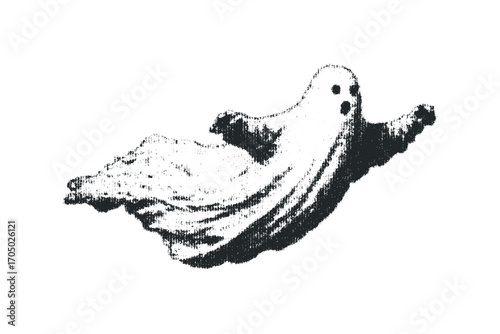 A textured ink-style ghost graphic on a transparent background. Vector hand drawn illustration