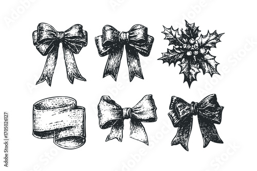 Hand Drawn Collection of Festive Bows and Holly Sprig Transparent. Vector hand drawn illustration