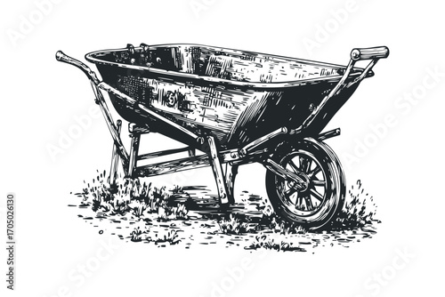 Vintage hand drawn wheelbarrow with grass on transparent. Vector hand drawn illustration