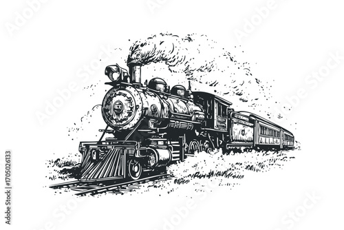 Vintage steam locomotive traveling along tracks image. Vector hand drawn illustration