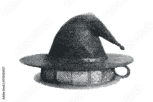 Halftone style witch hat on cup image. Vector hand drawn illustration