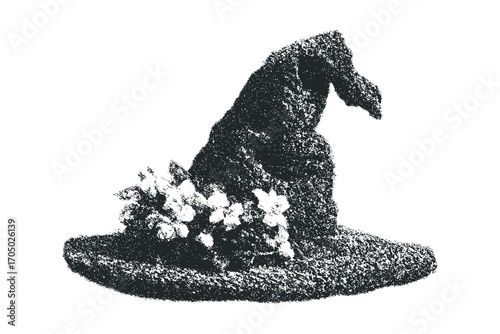 Textured witch hat with floral embellishments, image. Vector hand drawn illustration