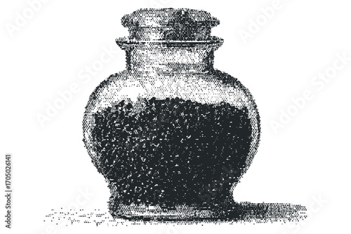 Glass jar with stopper filled with dark granules on transparent background. Vector hand drawn illustration