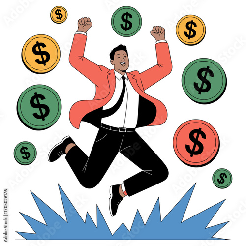 vector illustration of happy businessman jumping with dollar coins showing financial success