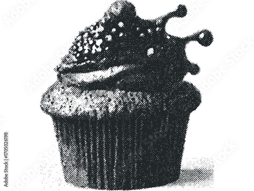 Textured cupcake with frosting on transparent background. Vector hand drawn illustration