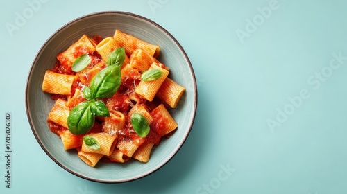 Mezze maniche pasta with tomato sauce and fresh basil on blue plate, authentic Italian cuisine top view, traditional Mediterranean food photo
