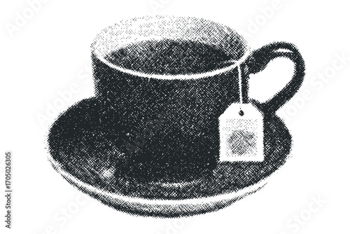 Cup of tea with tea bag on saucer. Vector hand drawn illustration
