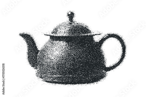 Grayscale halftoned teapot image with isolated object. Vector hand drawn illustration