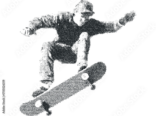 Person performing skateboard trick mid-air on transparent background. Vector hand drawn illustration