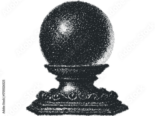 Monochromatic Halftone Crystal Ball and Ornate Stand. Vector hand drawn illustration