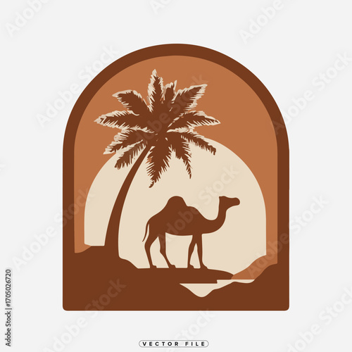 Camel and Palm Tree Sunset Scene: Desert Travel and Adventure Concept