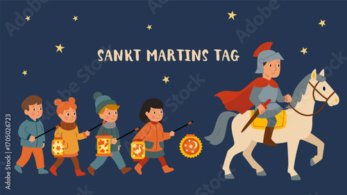 Sankt Martins Tag procession with knight and children with lanterns. Sankt Martins Day celebration.