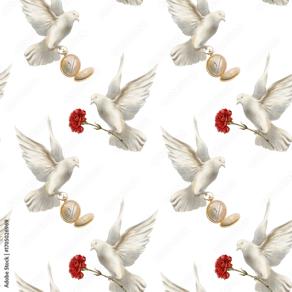 Obraz premium White pigeon soaring in air with red carnation,dove spread its wings as a symbol of the revolution's peaceful nature.Hand drawn watercolor illustration isolated on white for wedding or social designs