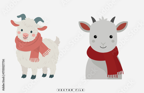 Charming cartoon goats with festive red scarves ready for winter season