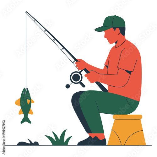vector of person fishing with rod and catching fish on a sunny day in outdoor lifestyle