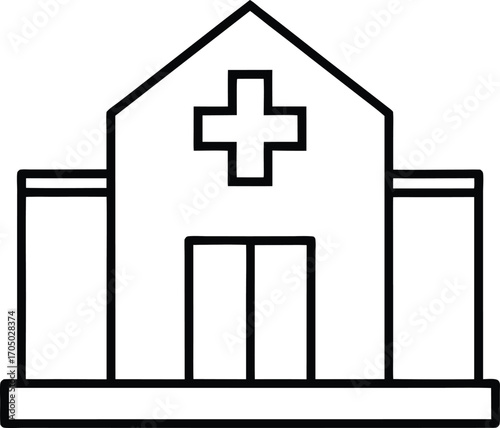 modern hospital structure with emergency cross icon.
