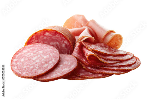Assorted sliced cured meats.  A close-up of various sliced meats, including salami, ham, and other types, piled together.  