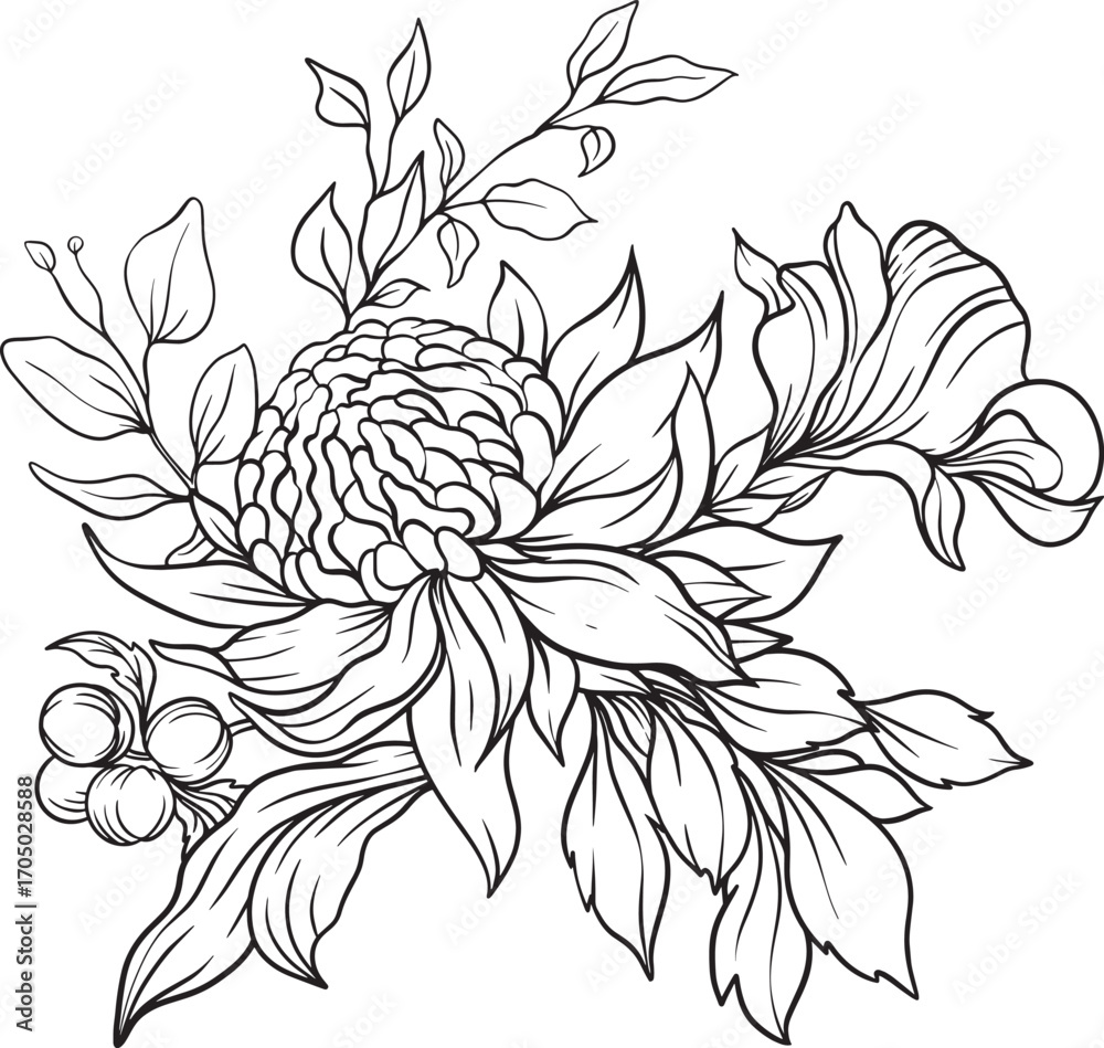 Fototapeta premium Elegant line art bouquet with layered organic shapes and fine textures ideal for nature inspired content, minimalist storytelling, or seasonal visual compositions