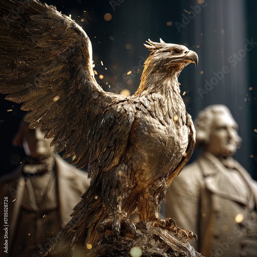 Hero shot of a golden eagle statue with the Founding Fathers in the background, symbolizing freedom and Constitution, cinematic