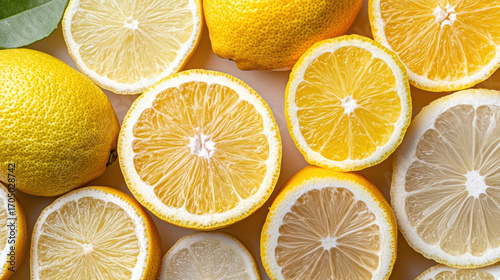 Fresh citrus fruit, vibrant yellow lemons, sliced and whole, showcasing juicy texture