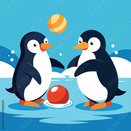 Cartoon Penguins Playing with Balls on Ice Colorful Vector Illustration of Arctic Fun and Animal Interaction
