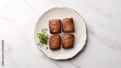 four thick tuna steaks, each precisely 2cm thick and about 200g, arranged in a tight, compact layout on a round ivory porcelain plate with softly scalloped