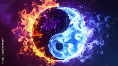 Dynamic Yin Yang Symbol with Fire and Ice Elements, a Dualism Concept