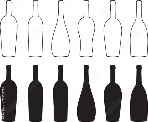 Collection of Wine Bottle Shapes: Silhouette and Outline Vector Set for Packaging Design