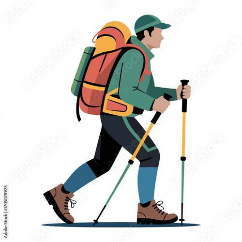 person hiking with trekking poles and backpack in outdoor adventure