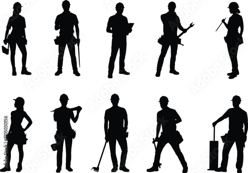 Silhouettes of construction workers, male and female, holding tools, wearing safety helmets, tool belts, working on building site, labor, repair, industry, teamwork, safety