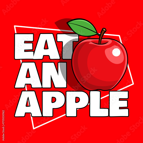 Healthy fruit education concept with a fresh red apple still with a stem and a green leaf on a red background, suitable for celebrating International Eat An Apple Day on September.