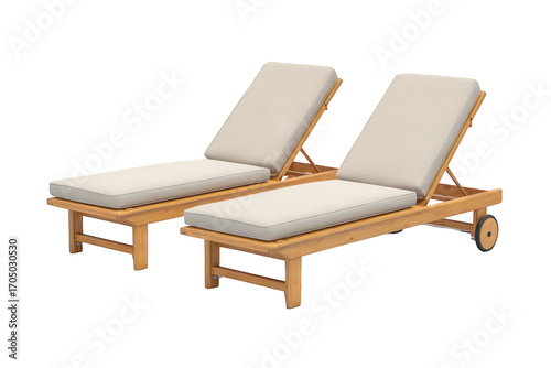 Two wooden lounge chairs with beige cushions isolated on transparent background