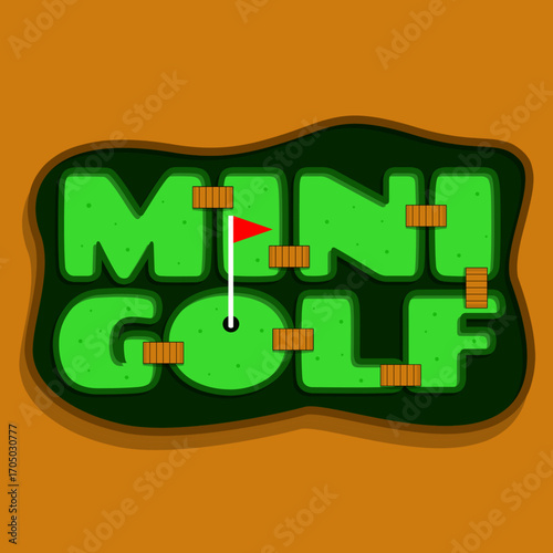 A miniature golf game formed from the words "MINI GOLF," complete with small bridges, holes, and flags on an orange background. Perfect for celebrating World Mini Golf Day on September 21st.