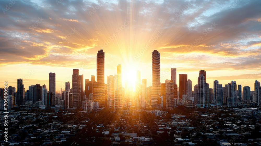 Fototapeta premium Stunning city skyline with sun setting behind tall buildings, creating vibrant atmosphere