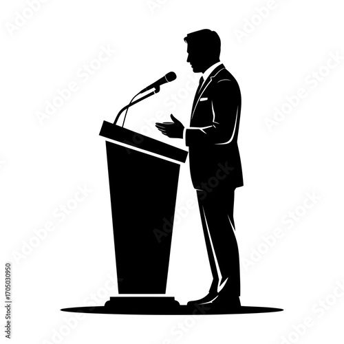 black silhouette of speaker giving a speech at podium with microphone