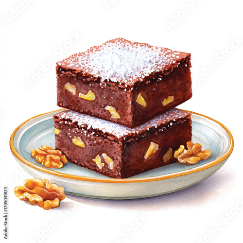 Stacked Walnut Brownies with Powdered Sugar on Plate.
