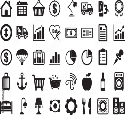 Universal Glyph Icon Set - Business, Shopping, Travel, and Miscellaneous Solid Silhouette Symbols