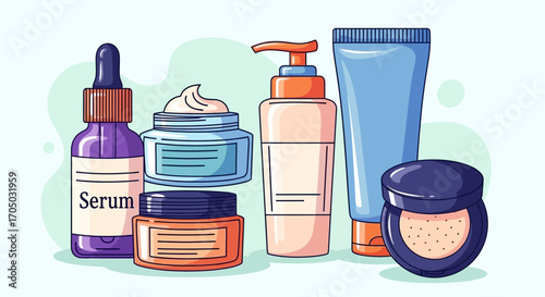 Assortment of Skincare Products: Serum Bottle, Creams, and Tubes.