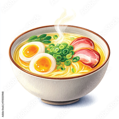 Steaming bowl of delicious Japanese ramen with eggs and pork.