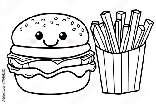 Kawaii fast food coloring page with cute burger and fries in simple line art style on white background