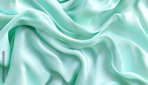 Mint green abstract background with soft waves of fabric for elegant presentation design, light blue and white color scheme, vector illustration, digital art style, close-up shot