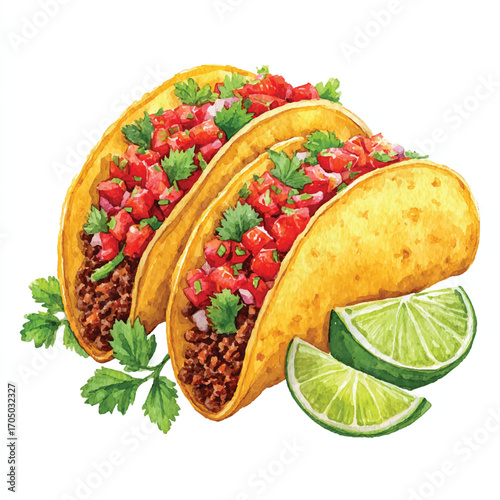 Three appetizing tacos with fresh ingredients and lime wedges.