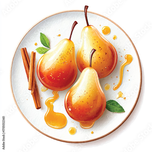 Three delicious poached pears with honey and cinnamon sticks.