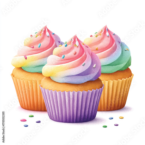 Three Delicious Rainbow Swirl Cupcakes with Sprinkles.