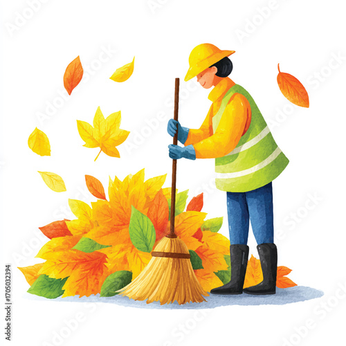 Street cleaner sweeping autumn leaves with a broom.