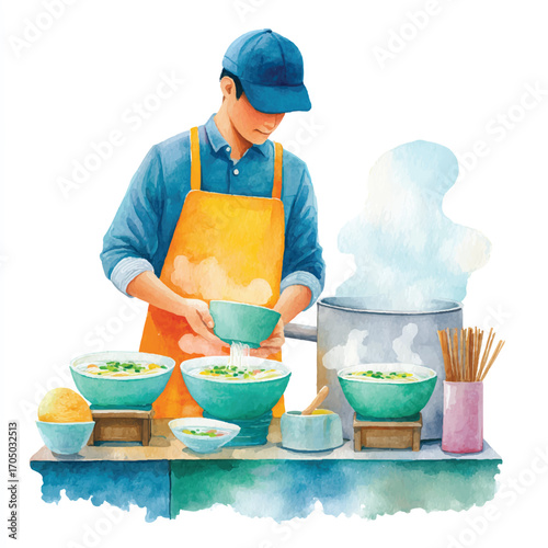 Street Food Vendor Preparing Bowls of Delicious Soup.