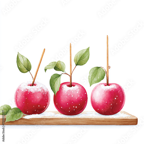 Three Red Candy Apples on Wooden Board.