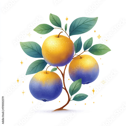 Three stylized apples with gradient colors on a branch with leaves.